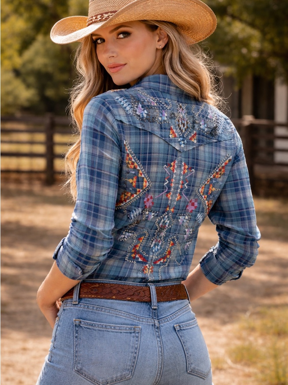 Johnny Was Blue Plaid Embroidered Button-Down Shirt